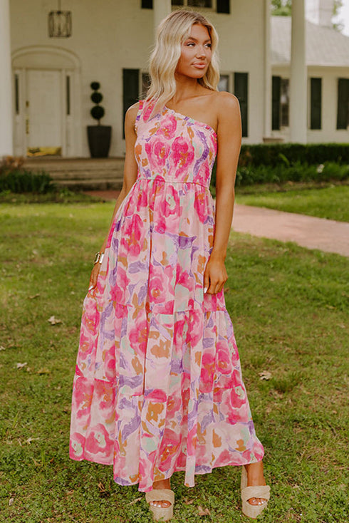Pink Abstract Floral Print Shirred One Shoulder Maxi Dress